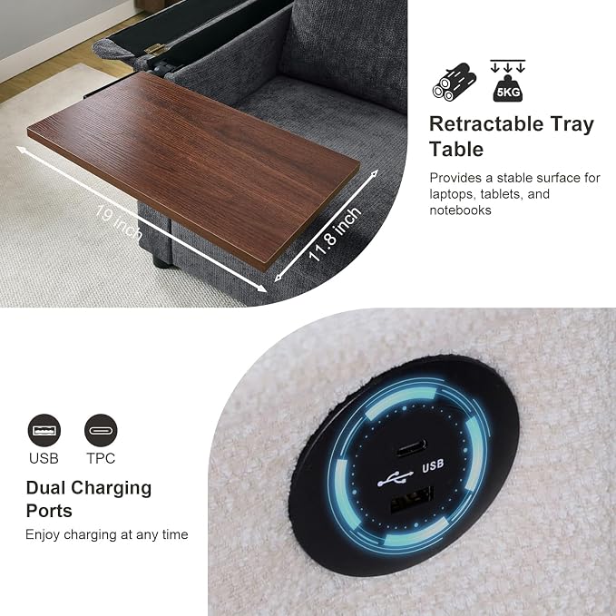 Modern Accent Chairs with Storage Ottoman, Chenille Reading Armchair with Tray - Image 5