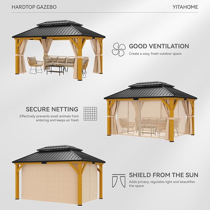YITAHOME 13x15ft Wood Gazebo Outdoor Wooden Frame Double Roof Hardtop - Image 3