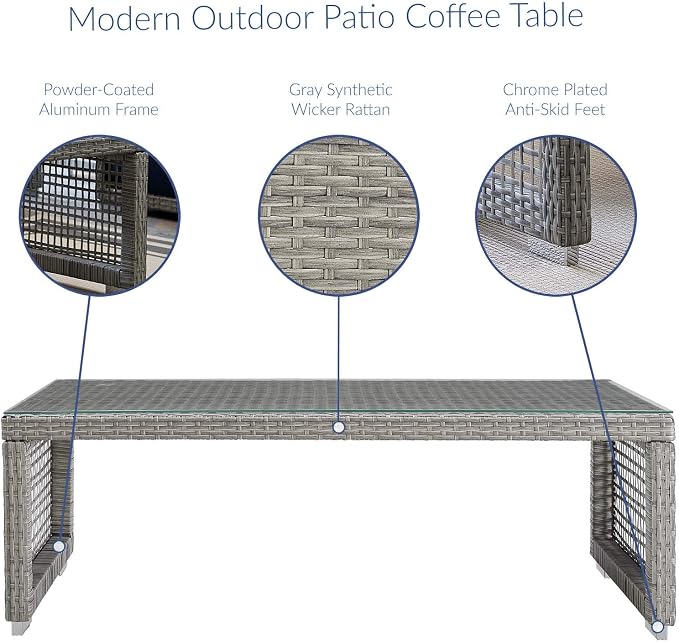 Modway Aura Wicker Rattan Outdoor Patio Tempered Glass Coffee Table in Gray - Image 6