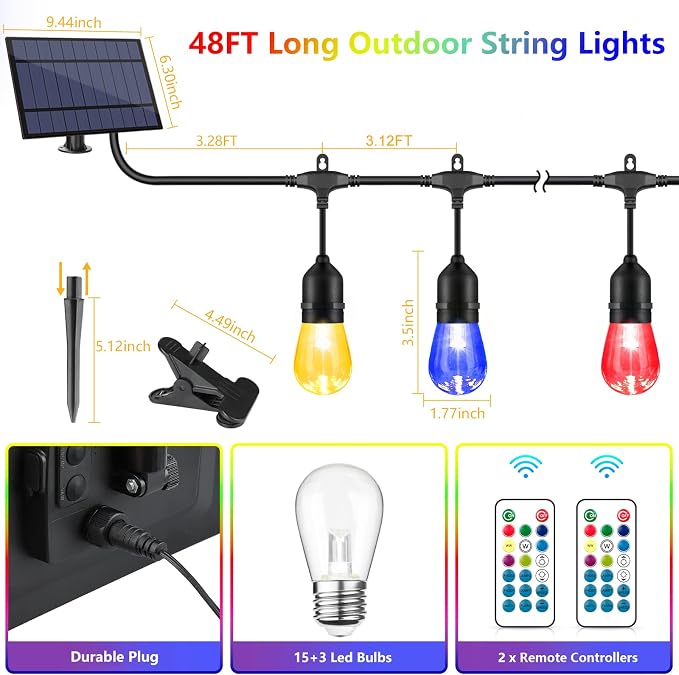 48FT Solar Outdoor RGB String Lights, 15+3 Waterproof Shatterproof LED Bulbs - Image 6