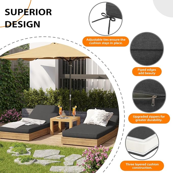 Sundale Outdoor Olefin Chaise Lounge Cushion Set of 2, Water-Resistant Patio - Image 2