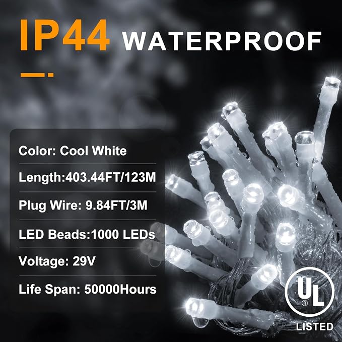 KNONEW 403ft 1000 LED String Lights Outdoor Christmas Lights 8 Modes & Timer - Image 8