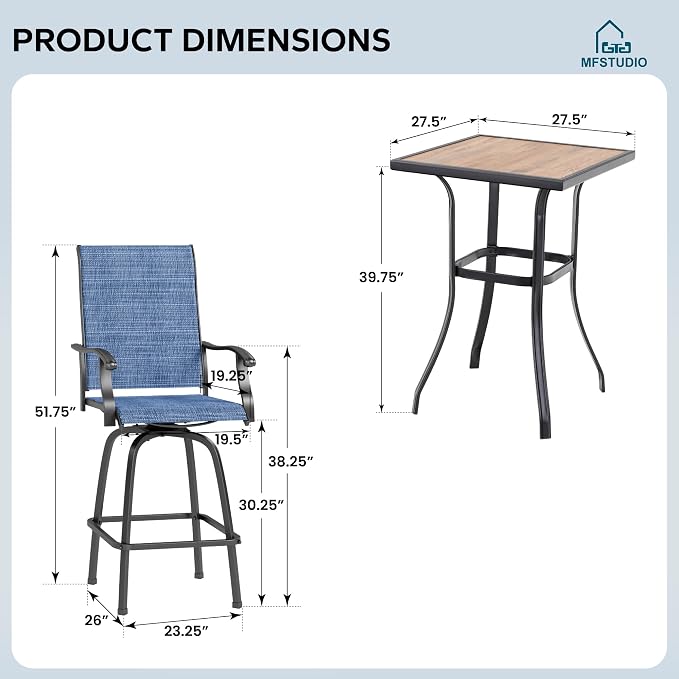 MFSTUDIO 3 Piece Outdoor Swivel Bar Set, Outdoor Bar Table and Chairs Set - Image 8
