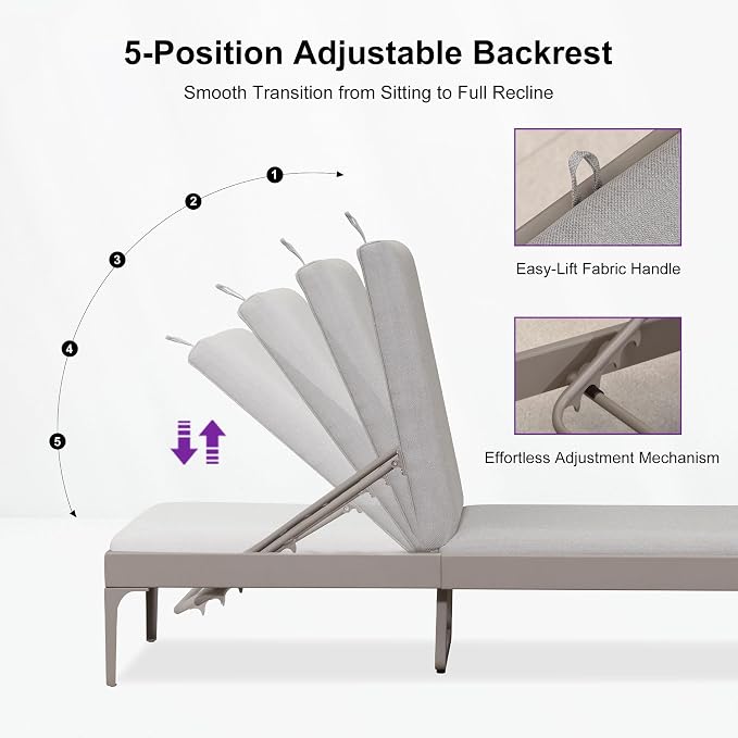 PURPLE LEAF Outdoor Chaise Lounge Set of 4 Aluminum Adjustable Patio Lounger - Image 6