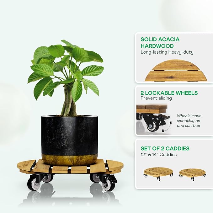 Idzo Combo 12 Inch and 14 Inch Acacia Wood Rolling Round Planter Caddies - Image 3