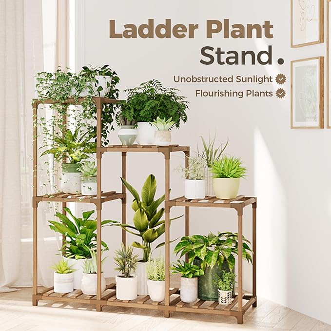 Bamworld Plant Stand Indoor Wood Plant Shelf Outdoor Tiered Plant Rack - Image 2