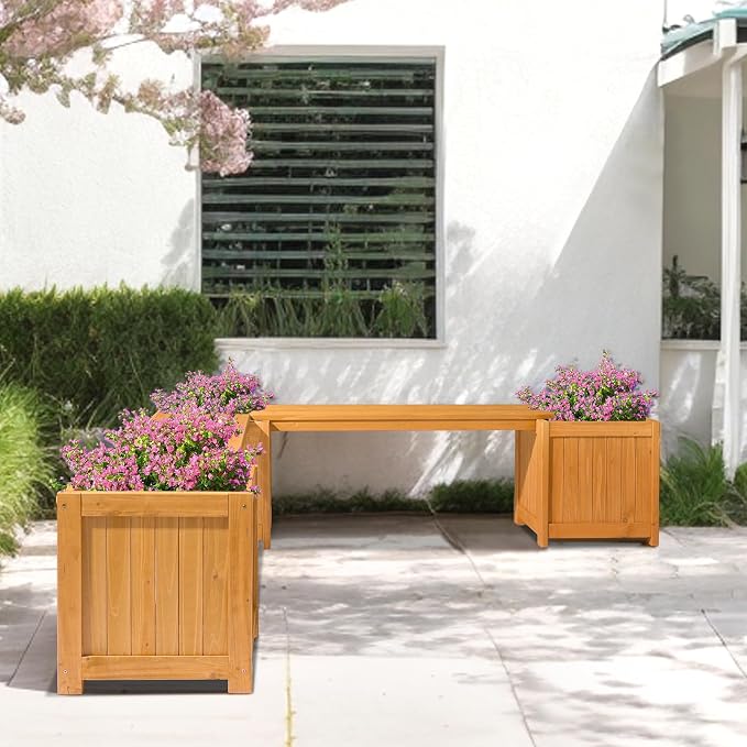 VINGLI Outdoor Wood Bench with Planter Boxes, 2-in-1 All-Weather Porch Bench - Image 2