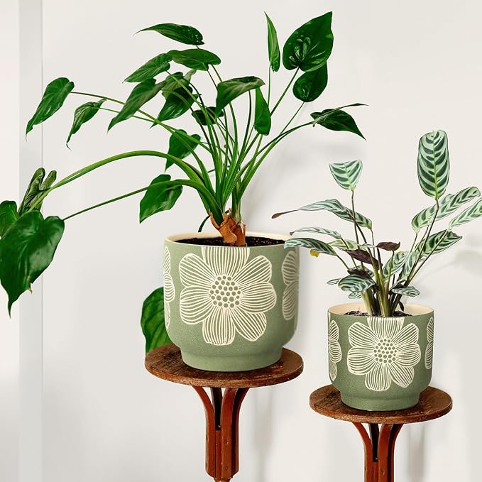 YBX 8 Inch + 6 Inch White Flower Pattern Plant Pots, Sand Glazed Ceramic Planter - Image 2