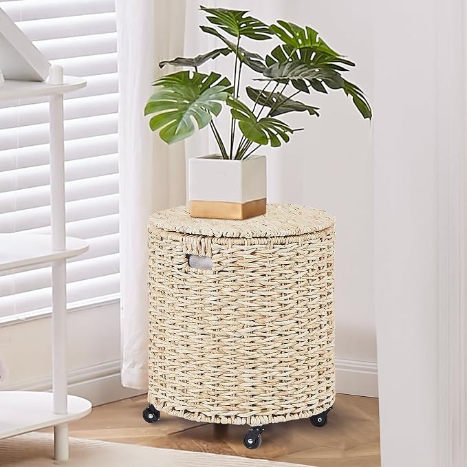 Wimarsbon Round Pouf Ottomans, Handwoven Natural Water Hyacinth Seagrass Pouffe - Image 2