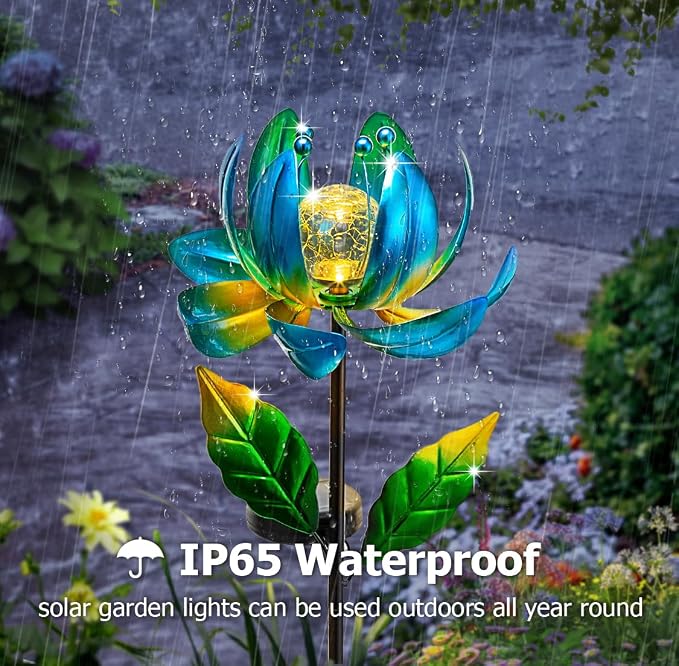 Solar Yard Lights Wind Spinners- Metal Lotus Flower Garden Decor LED Crackle - Image 3