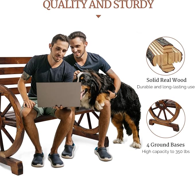 VINGLI Rustic Wooden Wheel Bench Outdoor Bench, Patio Bench Wagon Slatted Seat - Image 5