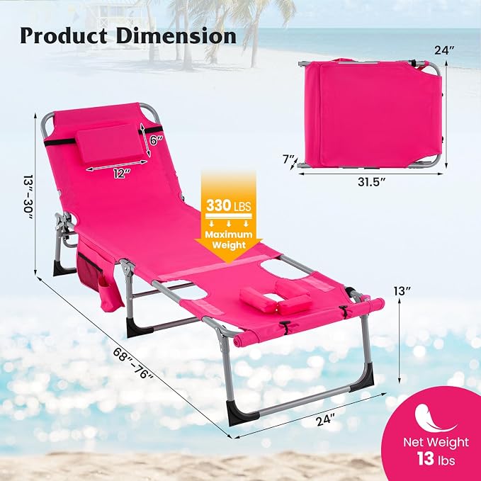 GYMAX Tanning Chair, 330LBS Beach Lounge - Image 8