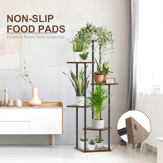 6 Tier Plant Stand Indoor Outdoor, Tall Metal Wood Muti-Level Planter Shelf - Image 8