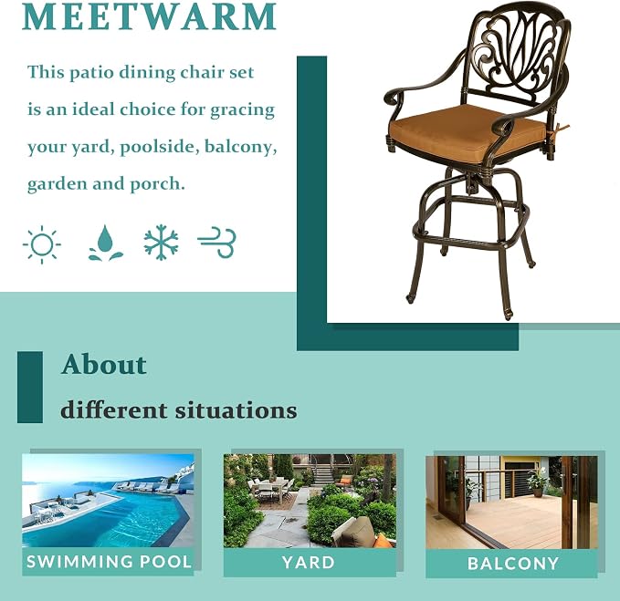 MEETWARM 2 Piece Outdoor Patio Swivel Bar Stools, All-Weather Cast Aluminum Bar - Image 6