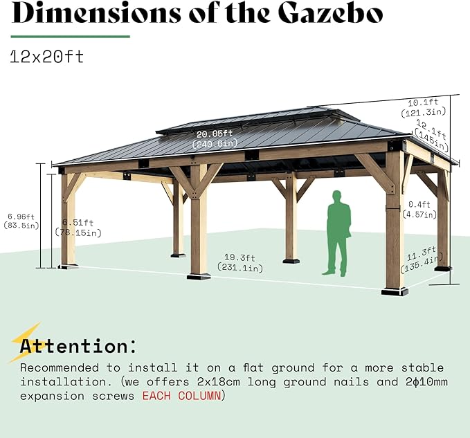 AMERLIFE 12x20 ft Hardtop Gazebo, Spruce Wood Gazebo - Image 2