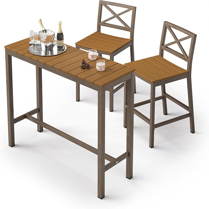 Outdoor Bar Height Table and Chairs Set, 3 Piece Patio Pub Bar Set by COZYMAN