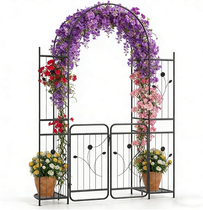 IRONMAX 87" Garden Arch with Gate & Planter Shelves, Heavy Duty Metal Arbor by IRONMAX