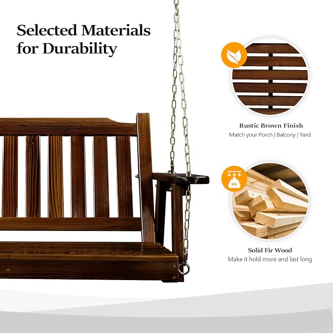 VINGLI Upgraded Heavy Duty 880 LBS 4 FT Patio Wooden Porch Swing Solid Fir Wood - Image 3