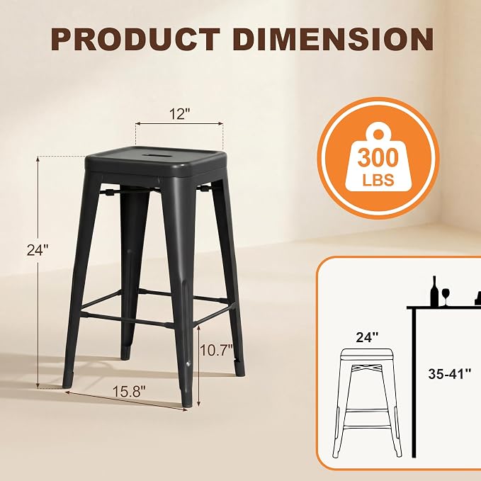 Shahoo 24 Inches Metal Bar Stools Counter Height Stackable Backless Stools - Image 3