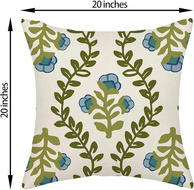 Sage Green Boho Pillow Covers 20x20 Inch 2 Pcs Blue Green Floral Leaves Decor - Image 6