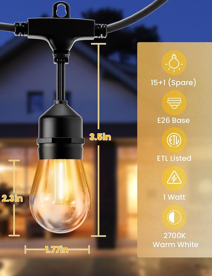 Svater Outdoor Led String Lights 50FT, Patio Lights - Image 4