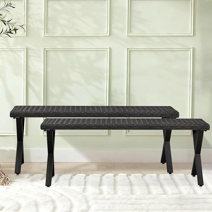 Outdoor Rattan Backless Bench Set of 2, Weatherproof Patio Bench - Image 2
