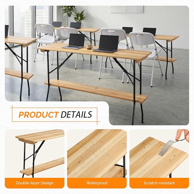 VINGLI 70-Inch 2-Tier Wooden Folding Table, Folding Picnic Table - Image 5
