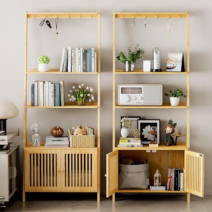 Bookcase with Drawers, 4-Tier Bamboo Bookshelf Ladder Shelf with 6 Hooks - Image 6