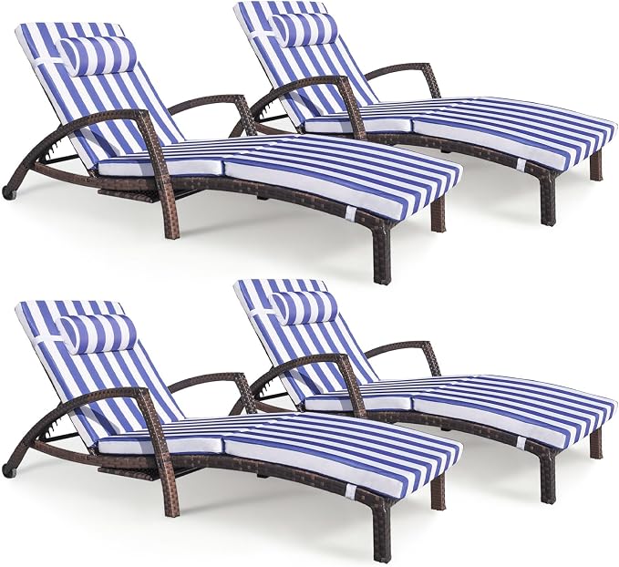 Chaise Lounge Chairs Outdoor Set of 4, Comfy Outside Wicker Patio Pool Lounge by ZZWHOM