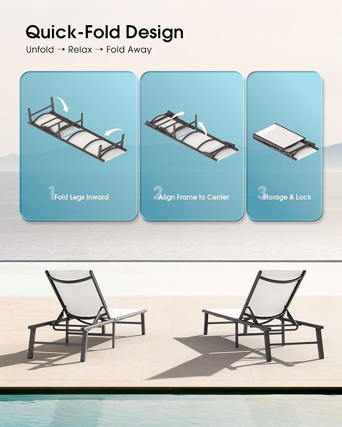 Ciokea Foldable Outdoor Lounge Chair Set of 2, No Assembly Aluminum Chaise - Image 3