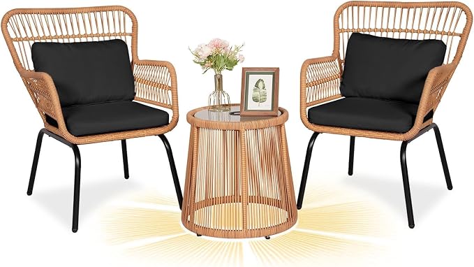 3 Piece Outdoor Wicker Furniture Bistro Set, Rattan Chairs Conversation Sets by HOMEZILLIONS