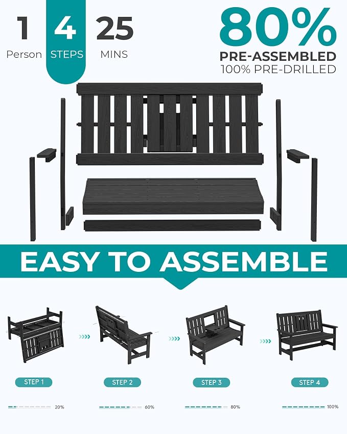 SERWALL Outdoor Bench with Cup Holder, All Weather Patio Benches with High - Image 7