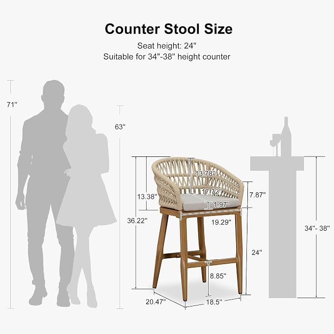 PURPLE LEAF Outdoor Rattan 24" Counter Height Bar Stools Chair Set of 2 - Image 3