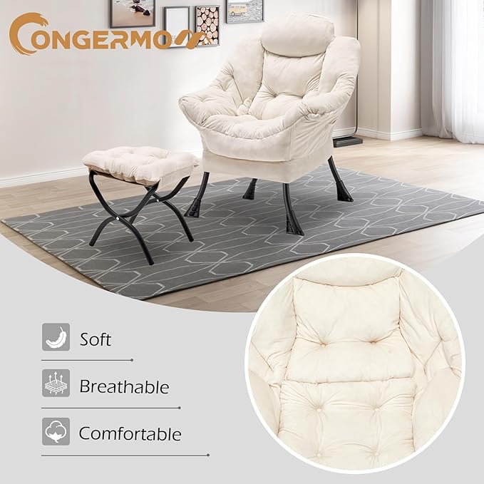 Lazy Chair with Folding Ottoman, Leisure Sofa Chair, Soft Fabric Armchair with - Image 4