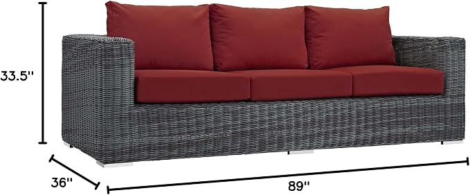 Modway Summon Wicker Rattan Outdoor Patio Sunbrella Sofa in Canvas Red - Image 2