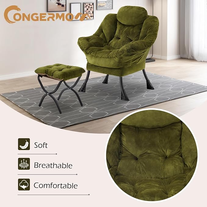 Lazy Chair with Folding Ottoman, Leisure Sofa Chair, Soft Fabric Armchair with - Image 4