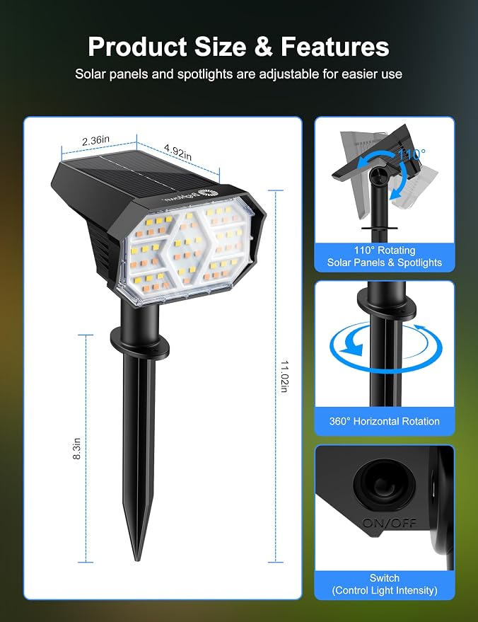 Brightown 4Pack Solar Spot Lights Outdoor, IP67 Solar Lights Outdoor Waterproof - Image 8