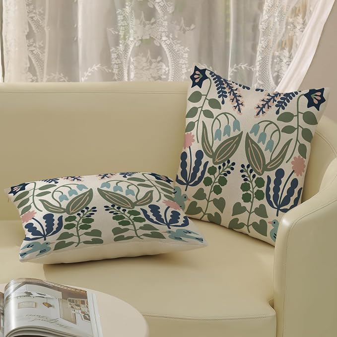 Navy Blue Boho Pillow Covers 18x18 Inch 2 Pcs Sage Green Floral Decor Throw - Image 4