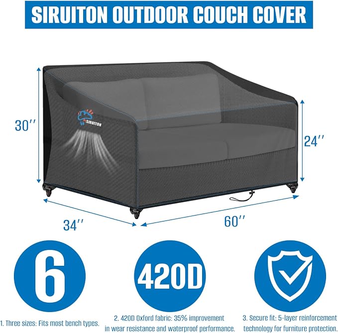 SIRUITON 2-Seat Garden Patio Sofa/Loveseat/Bench Cover 60" W x 34" D x 30" H - Image 2