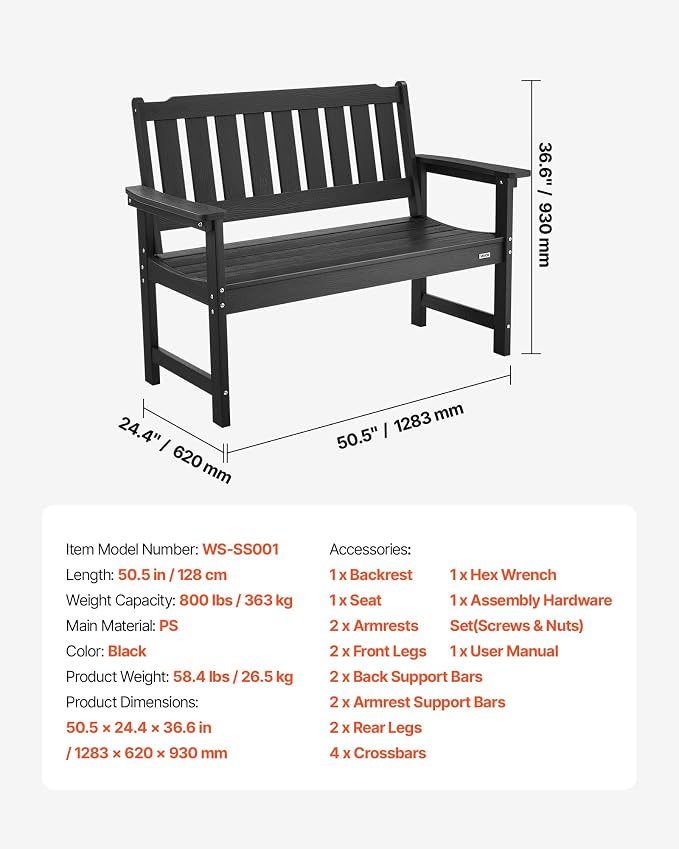 VEVOR Outdoor Bench, 50.5 inch, 800 lbs Weight Capacity - Image 8