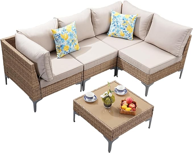 5-Piece Patio Furniture Set, Outdoor Wicker Sectional Sofa - Image 8