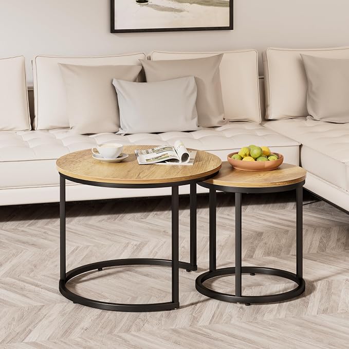 Smuxee Nesting Coffee Table Set of 2, 23.6" Round Coffee Table Brown Wood - Image 8