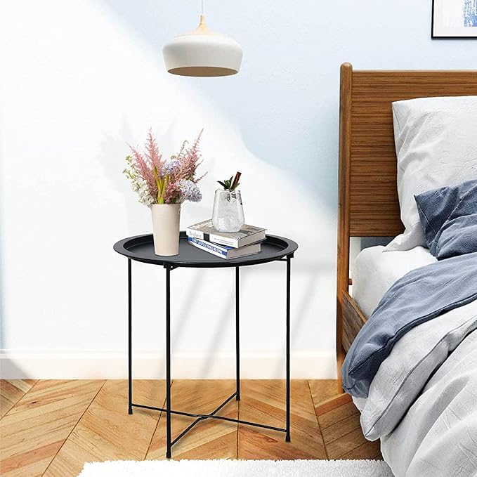 Garden 4 you End Table 2 PCS Metal Side Table Black Round Folding Tray Cyan - Image 6