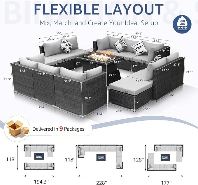 NICESOUL 13 Piece Patio Furniture w/Fireplace, Elegant Outdoor Seating w/Firepit - Image 6