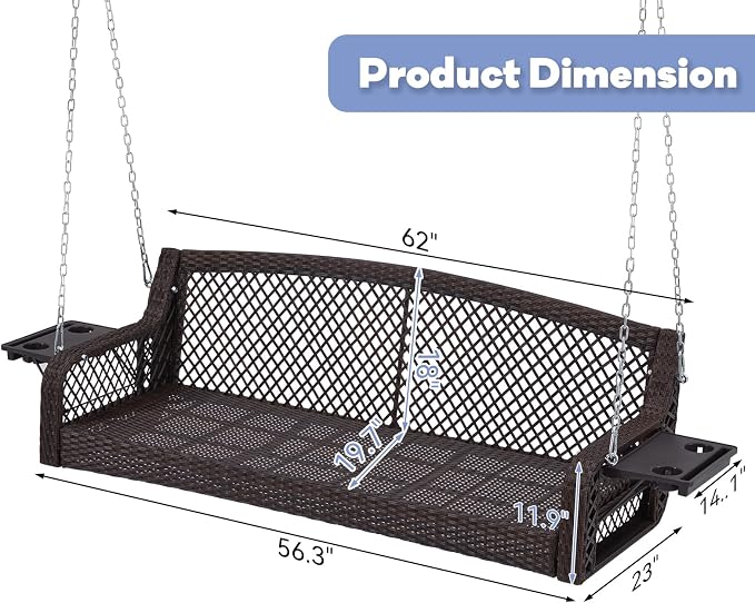 3 Seat Porch Swing, Wicker Patio Swing - Image 7
