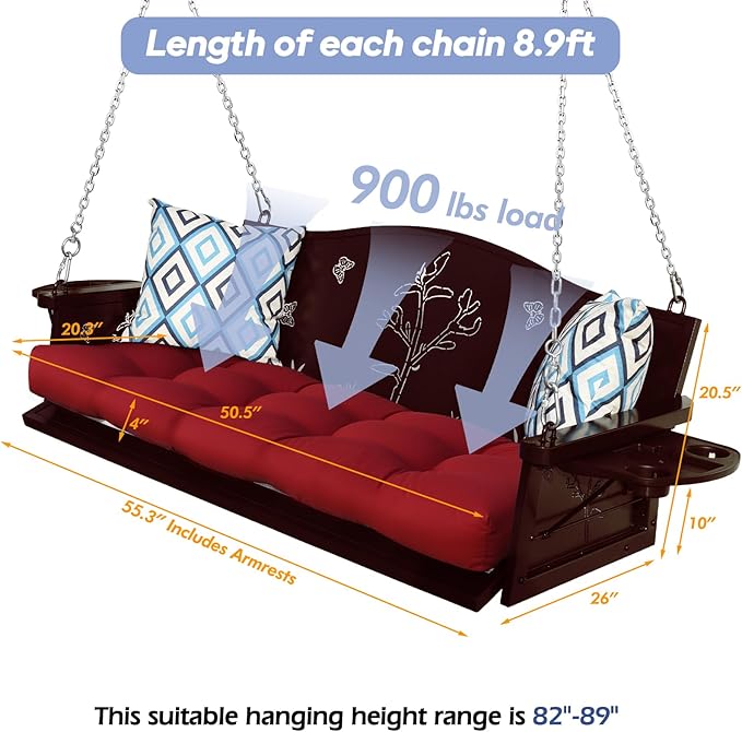 3-Seat Metal Porch Swing 900 LBS Heavy Duty Hanging Bench - Image 7