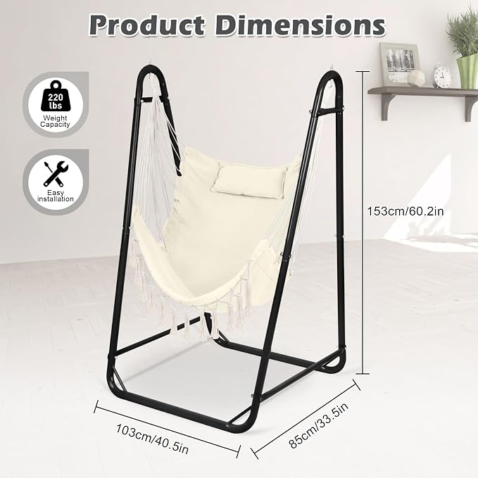 Hammock Chair with U Shape Stand, Cotton Swing Chair with Side Pocket, - Image 2