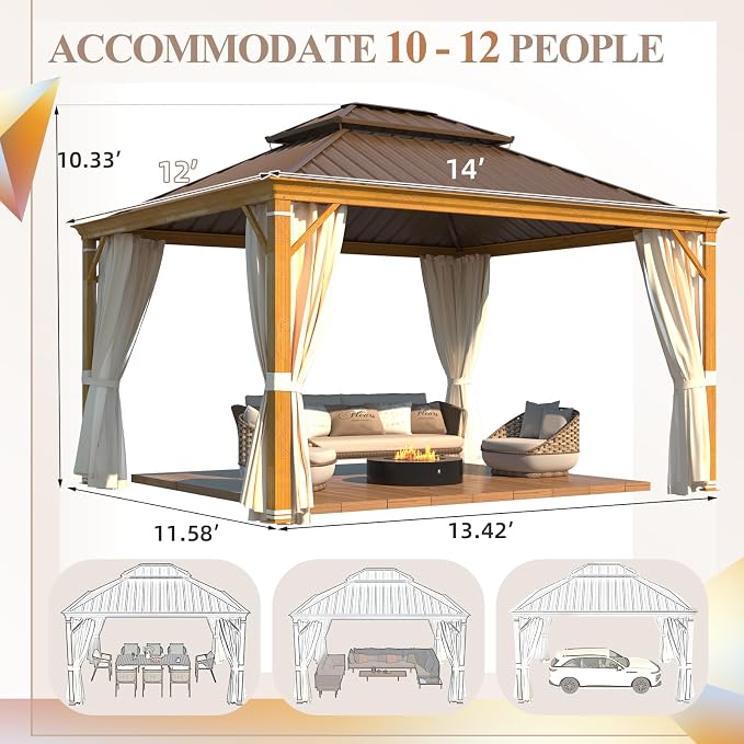 YOLENY 12' x 14' Hardtop Gazebo, Wood Grain Aluminum Frame Canopy - Image 2
