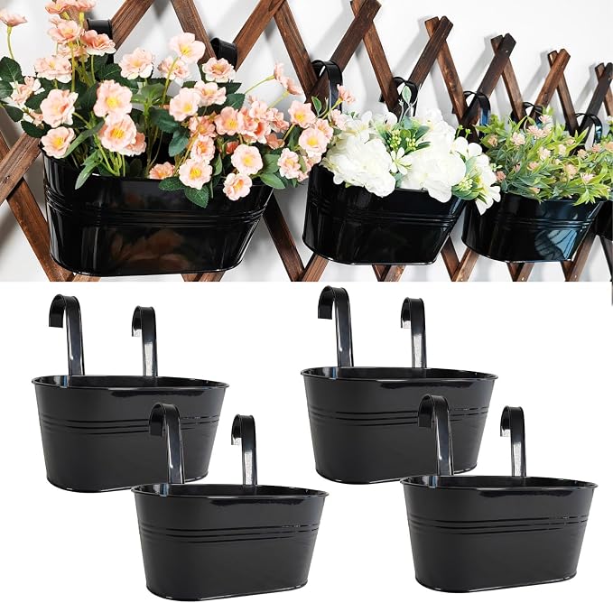 4 Pack Metal Hanging Planter for Outdoor Plants, 10 Inch Black Fence Planters by JOYFERNAL