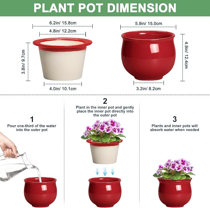 Ceramic Self Watering Planter, 6 Inch African Violet Pots - Image 2